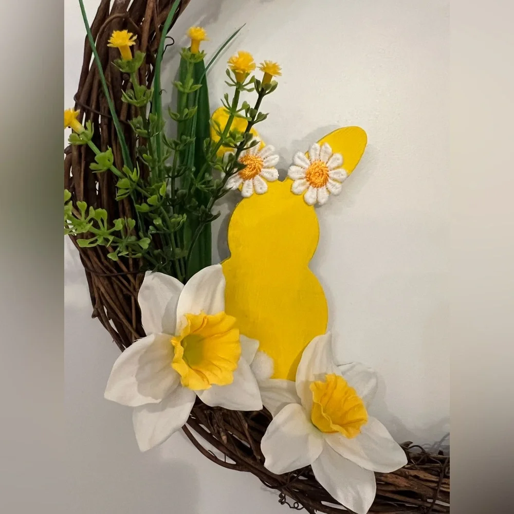 Hand Crafted Spring/Easter Wreath with Yellow and Green Flowers & Bow
